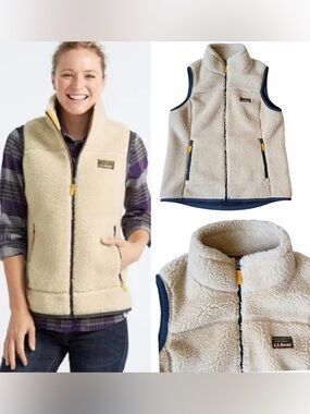 L.L. Bean Mountain Pile Fleece Sherpa Plush Vest Full Zip Outdoor Cream sz L
